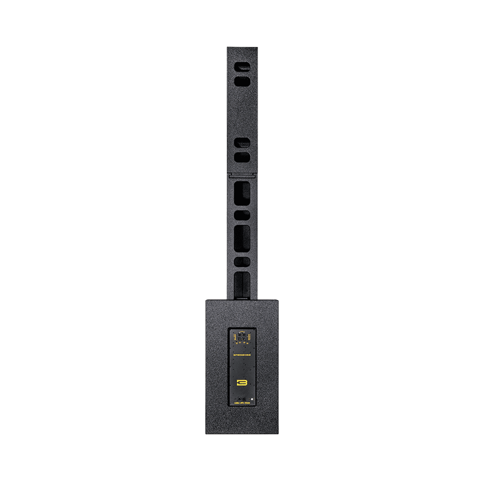 Black speaker tower with modular sections.