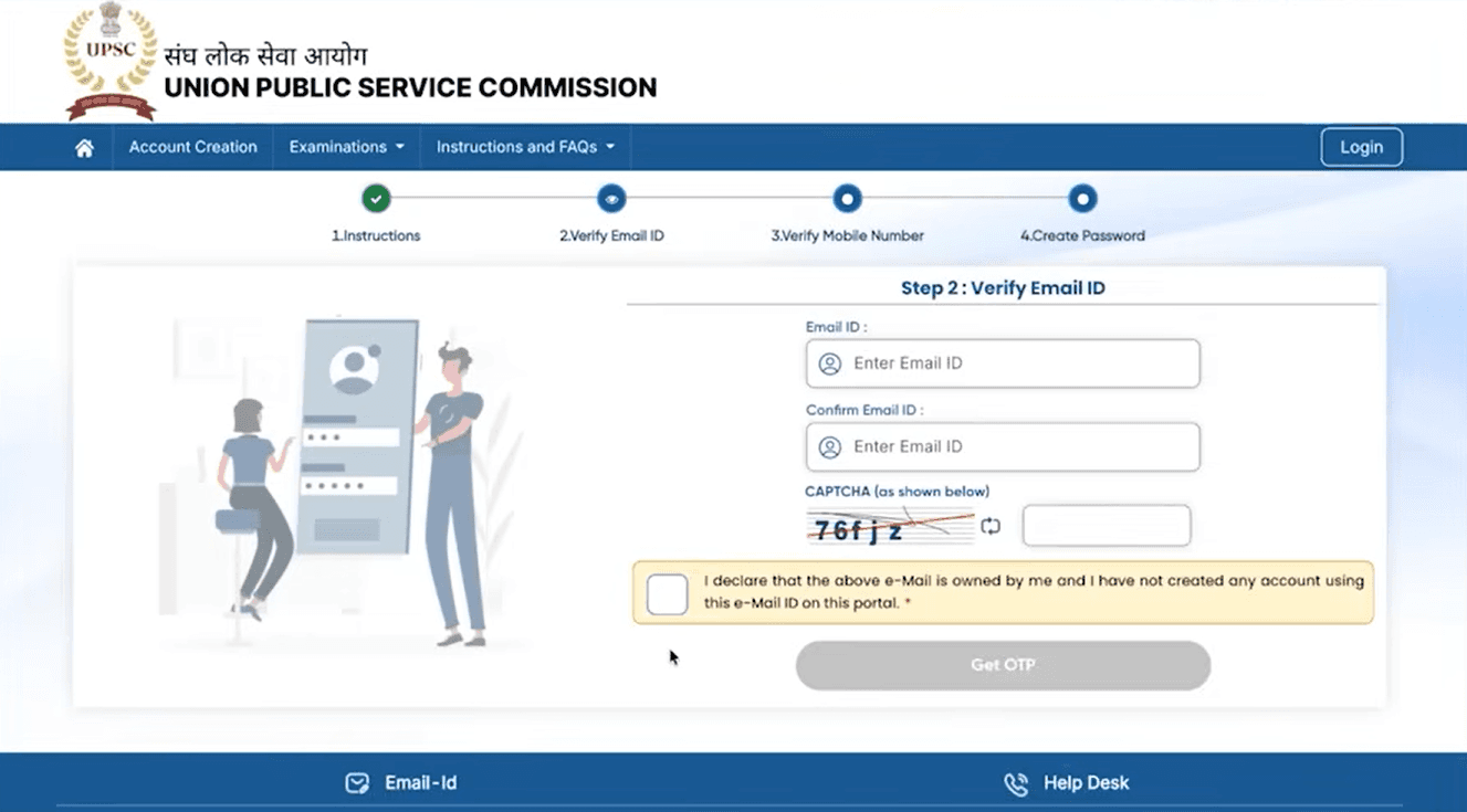 UPSC OTR email verification page with fields to enter email ID, confirm email ID, captcha, and get OTP