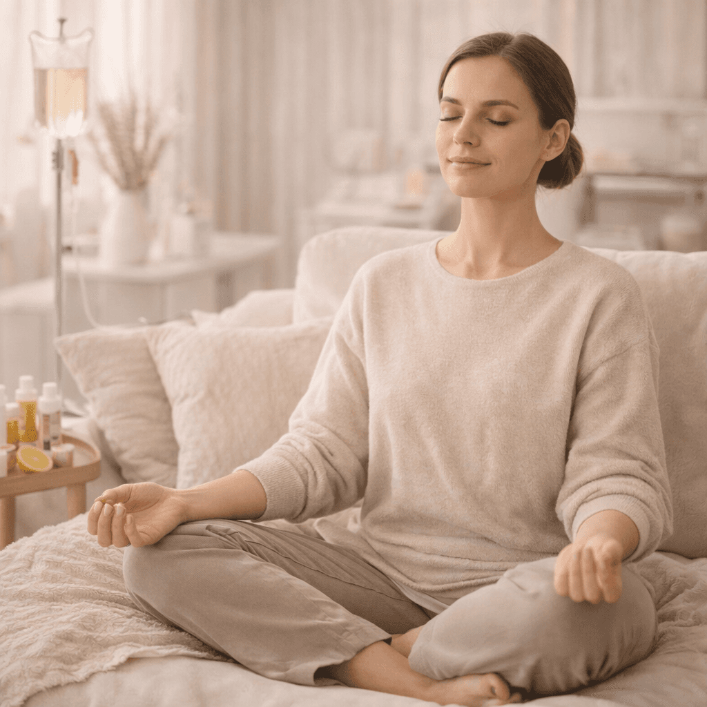 Woman meditating in a serene wellness environment representing hormonal balance, calm mind, and holistic therapy in a luxury setting.