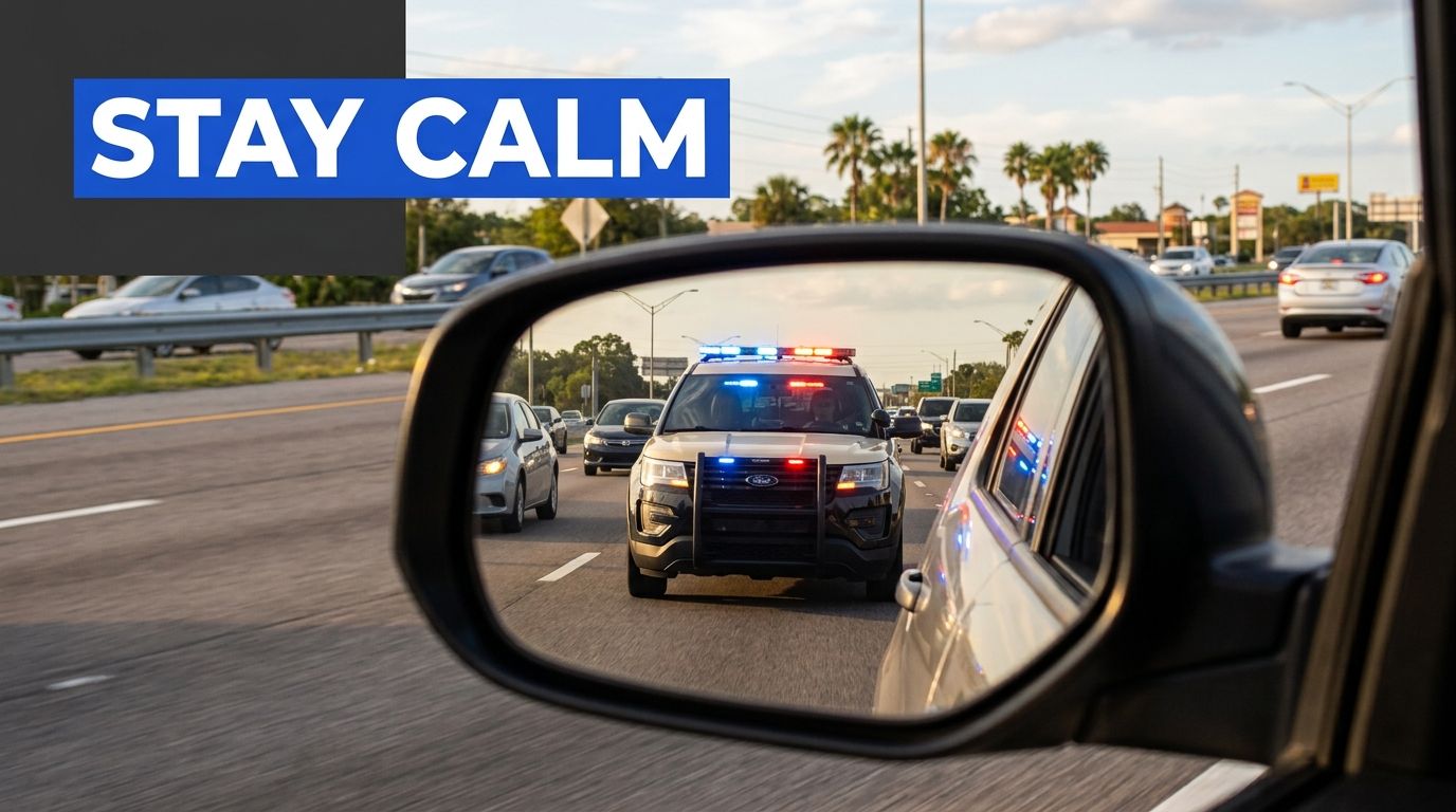A police vehicle with emergency lights on is visible in a car's side mirror while driving.