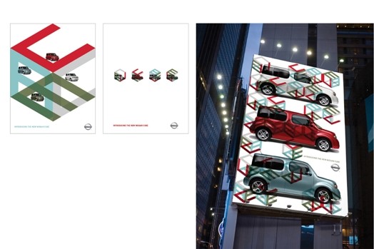 A logo design for the Nissan Cube car concept and a big banner displayed on the side of a building.