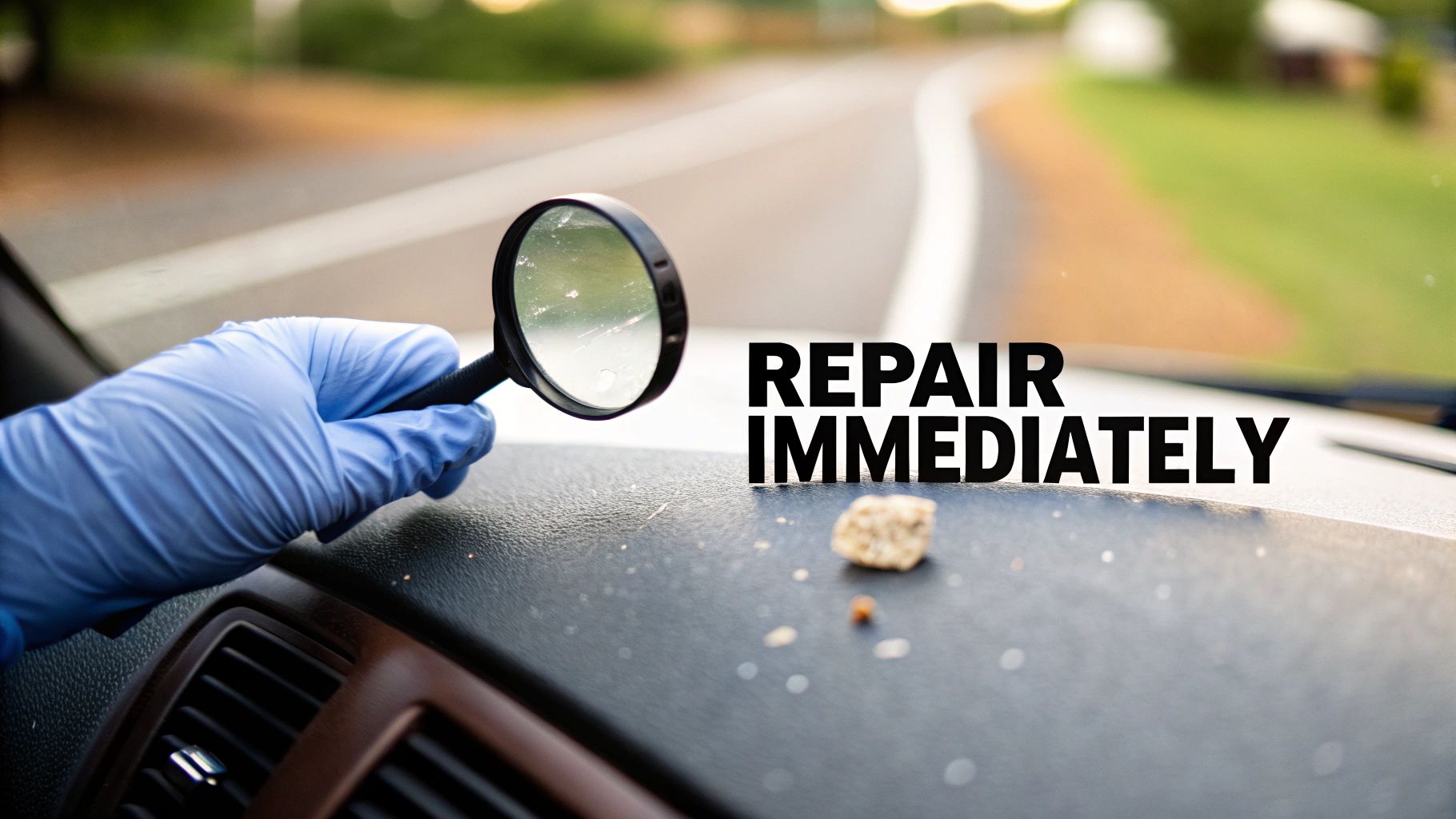 Gloved hand with magnifying glass inspecting a car dashboard with debris, and 'REPAIR IMMEDIATELY' text.