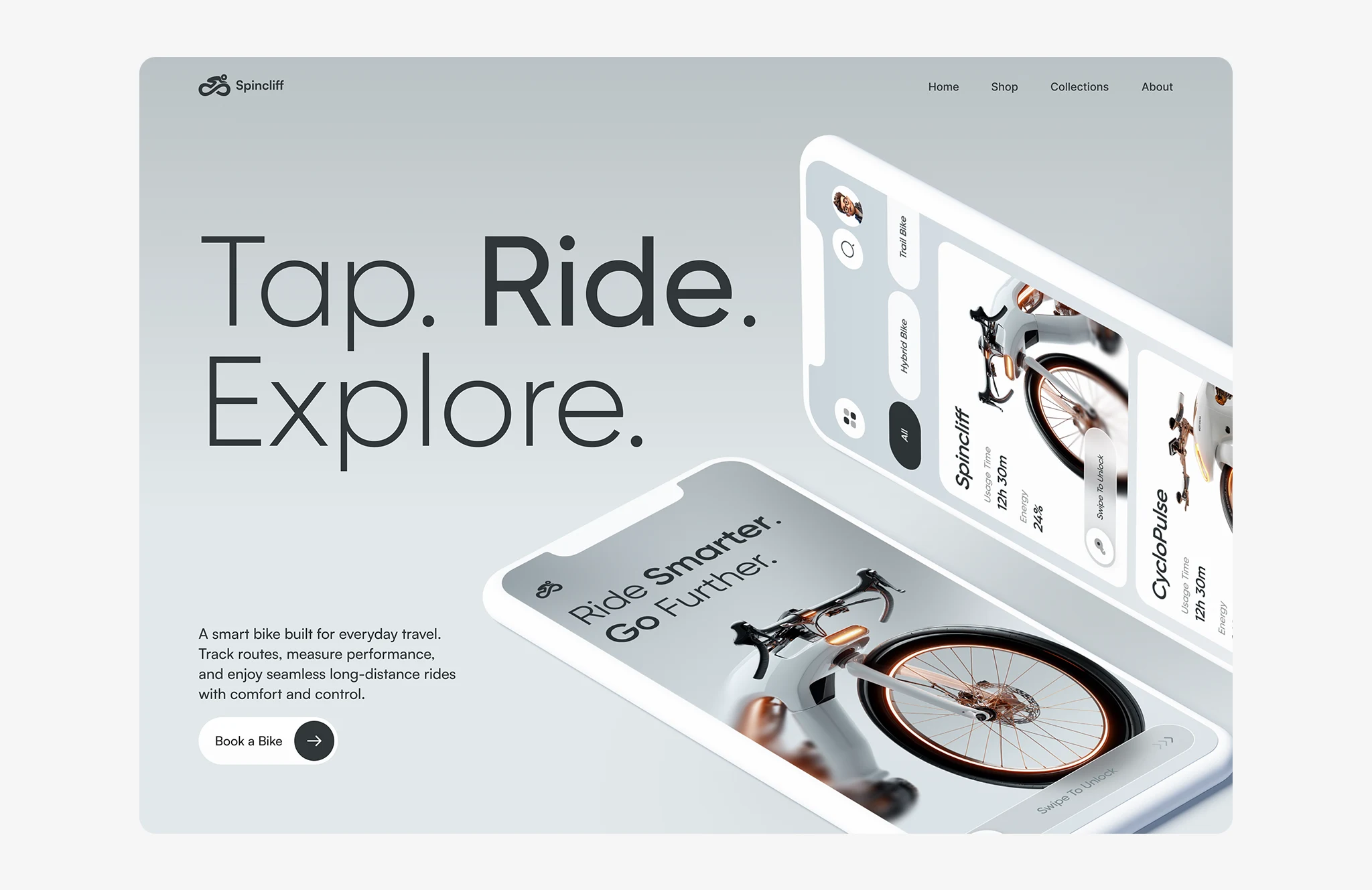 Smart bike landing page design with companion mobile app showcasing ride tracking, performance stats, and modern product UI