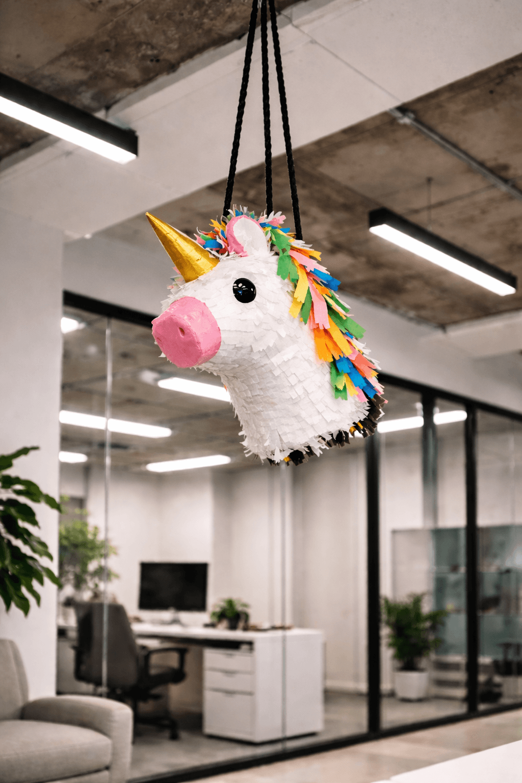 A colorful unicorn piñata hangs from the ceiling in a modern office space, with a green plant nearby.