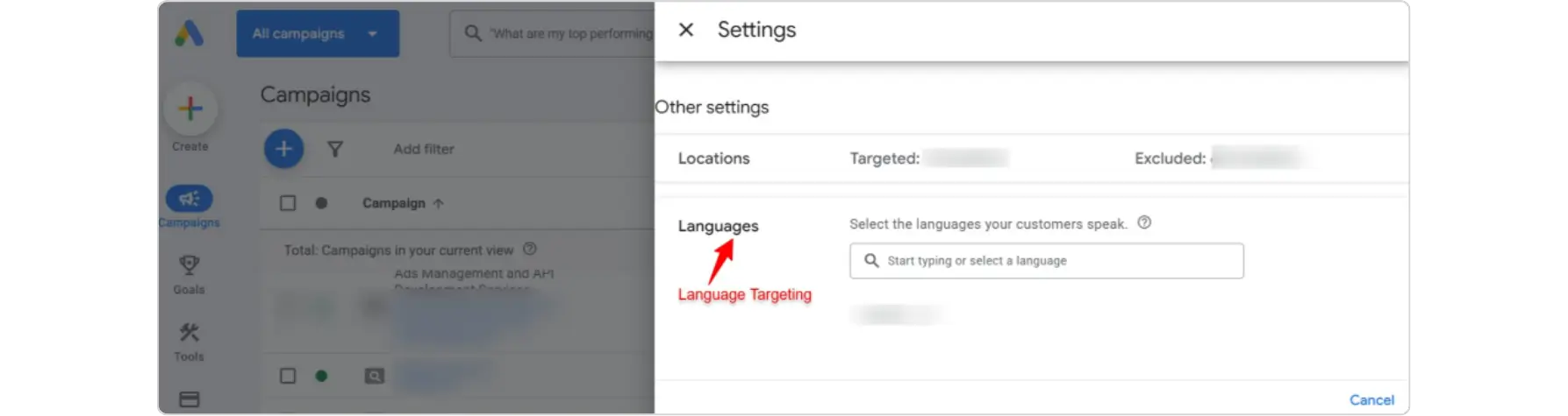 Google Ads Settings panel showing the Languages section and language targeting options.