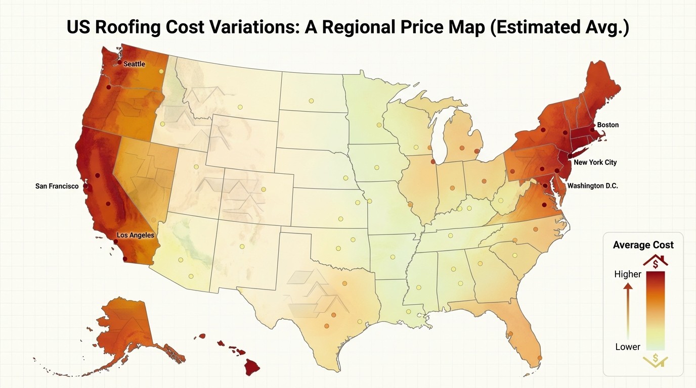 Regional roofing cost map showing price variations across the United States for shingle replacement