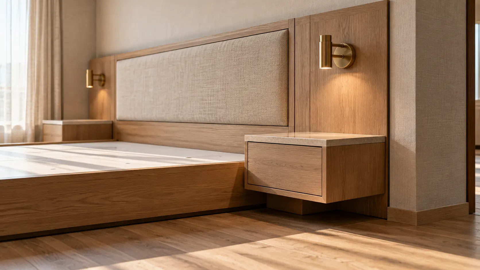 Hotel guestroom being completed: oak headboard wall, upholstered panel, nightstand and brass sconces
