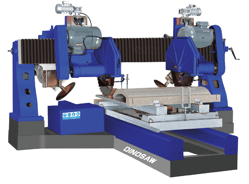 A Dinosaw Automatic Arc-Slab Trimming Machine, highlighting its advanced structure and dual blade configuration designed for precise trimming of circular stone slabs.