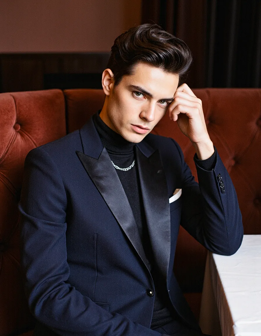 Man in navy suit and black turtleneck seated on rust-colored sofa in elegant indoor portrait