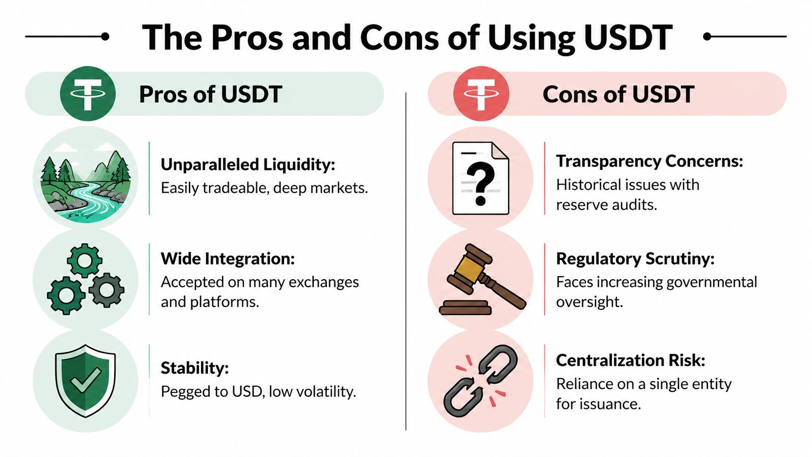 An infographic titled The Pros and Cons of Using USDT, comparing advantages and disadvantages of Tether cryptocurrency.