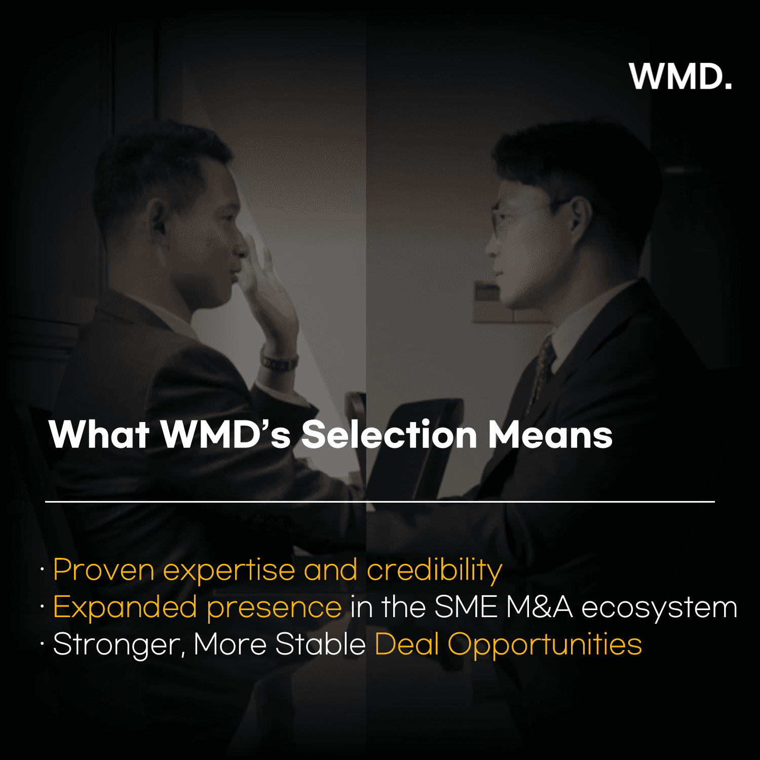WMD (더블유엠디) image explaining the significance of being selected as a KIBO M&A Partner, featuring CEO Greyson (Jemin Lee) and Deputy CEO John (Sangbin Kwak) in a meeting, highlighting WMD’s verified M&A expertise, integrated legal–financial–tax capabilities, and strengthened SME M&A network.