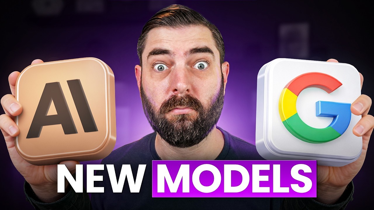 mreflow-style model roundup thumbnail with host holding two AI app icons
