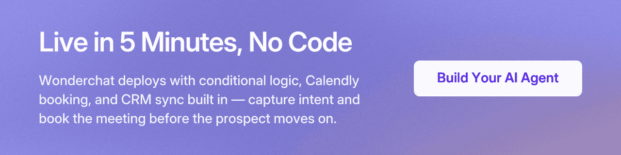 Live in 5 Minutes, No Code. Wonderchat deploys with conditional logic, Calendly booking, and CRM sync built in — capture intent and book the meeting before the prospect moves on. Build Your AI Agent