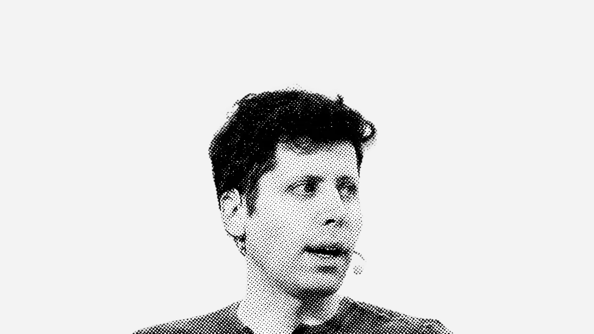 Black-and-white halftone portrait of a man with short dark hair, looking to the side on a plain light background.