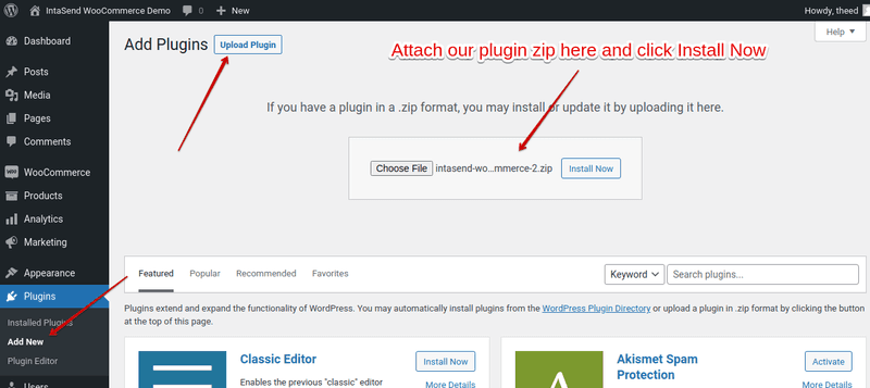 Upload the plugin in the WordPress site backend