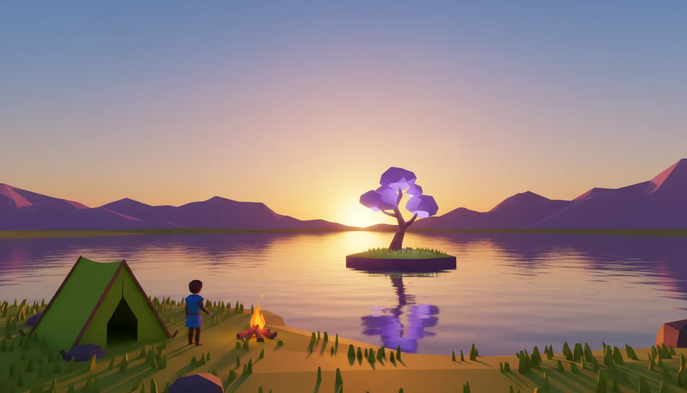 A stylized 3D render of a vibrant, low-poly virtual reality landscape, created in Blender. Wide shot of a serene lakeside campsite at sunset. In the foreground, a lush grassy shore with a person by a green tent and a small campfire. Across the calm water, a small central island is topped with a single, glowing purple tree. The scene is illuminated by a warm golden hour sunset, creating a beautiful gradient sky of blue, pink, and yellow, with soft global illumination and gentle reflections on the water. Distant purple mountains frame the background. The entire scene uses a saturated color palette and clean, matte plastic materials.