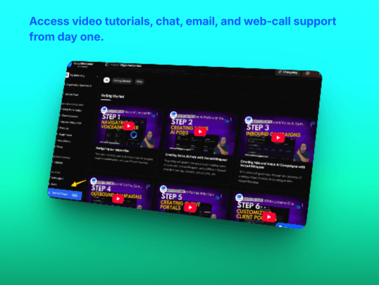 Voice AI agency white-label tutorial video screenshots with SOC 2, HIPAA compliance, 99.9% uptime, and 7-day free trial support | VoiceAIWrapper.