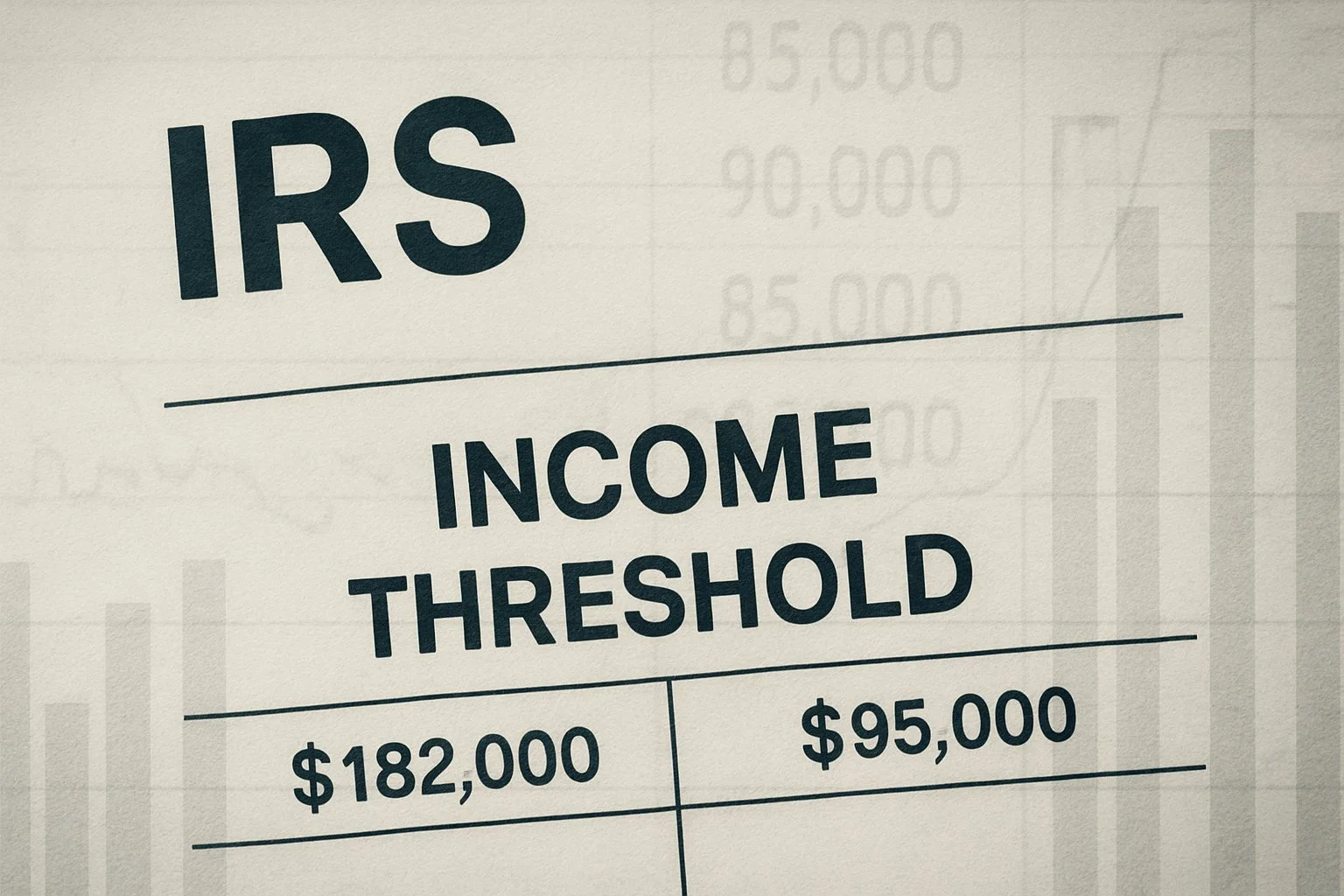 IRS-style document overlaid with faded numbers and graphs illustrating income thresholds and financial limits.