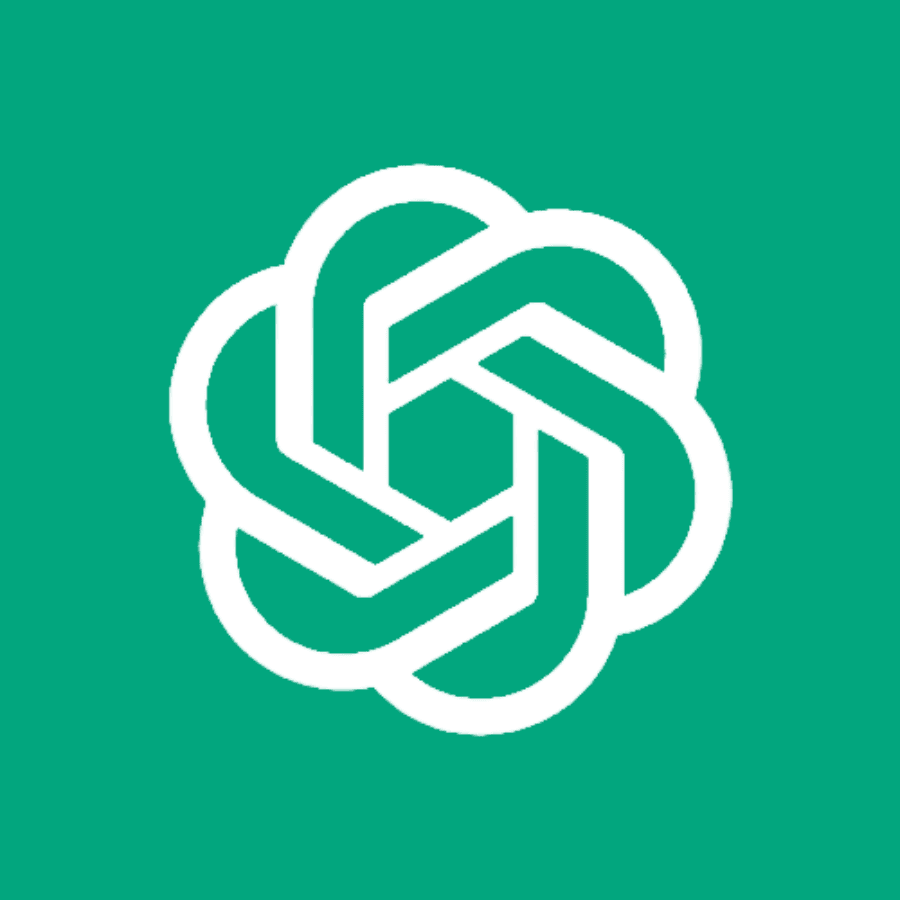 ChatGPT logo: White interlocking geometric shapes forming a stylized hexagonal knot or flower on a vibrant green background. AI language model used by Lucas Ostrowski to enhance his automation and no-code solutions, complementing tools like Make.com, Monday.com, and Notion for efficient problem-solving and workflow optimization.