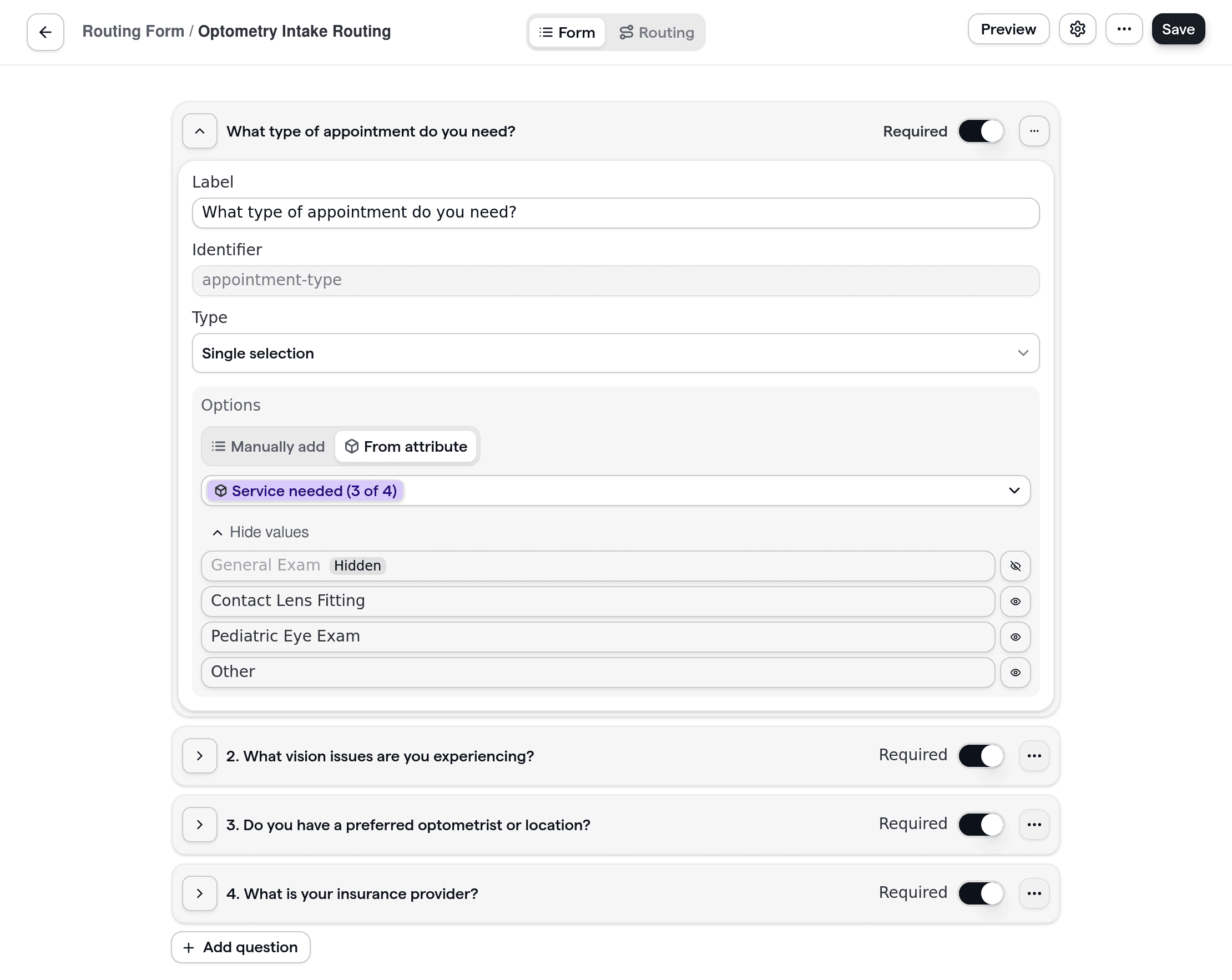 Optometry intake routing form with appointment and vision issue questions for patients.