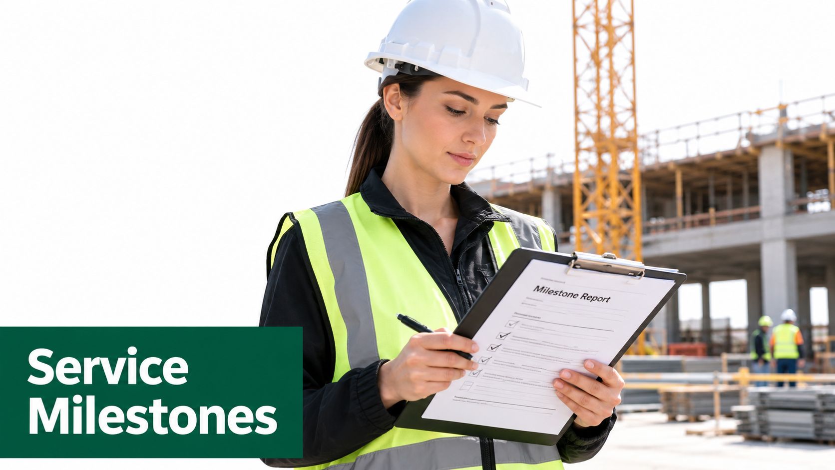 A professional construction engineer in safety gear reviewing a milestone report on a clipboard at a site.