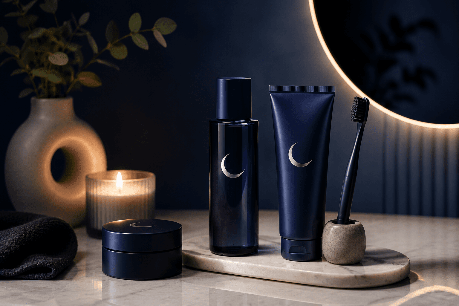 Minimal evening skincare setup with cream jar, dropper bottle, and candles in warm light.