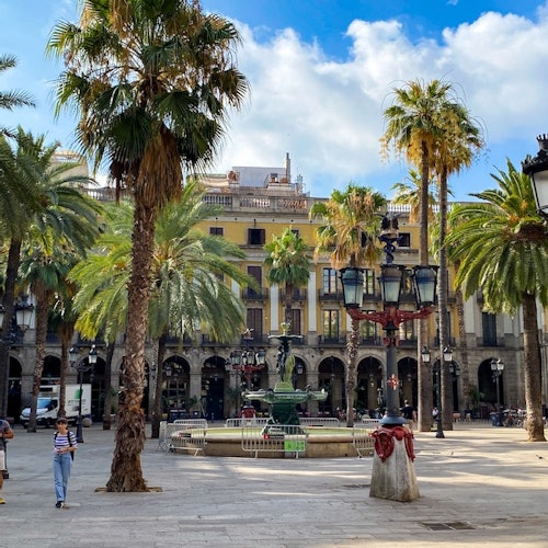 Sunčani kraljevski trg s prekrasnim palmama i fontanom