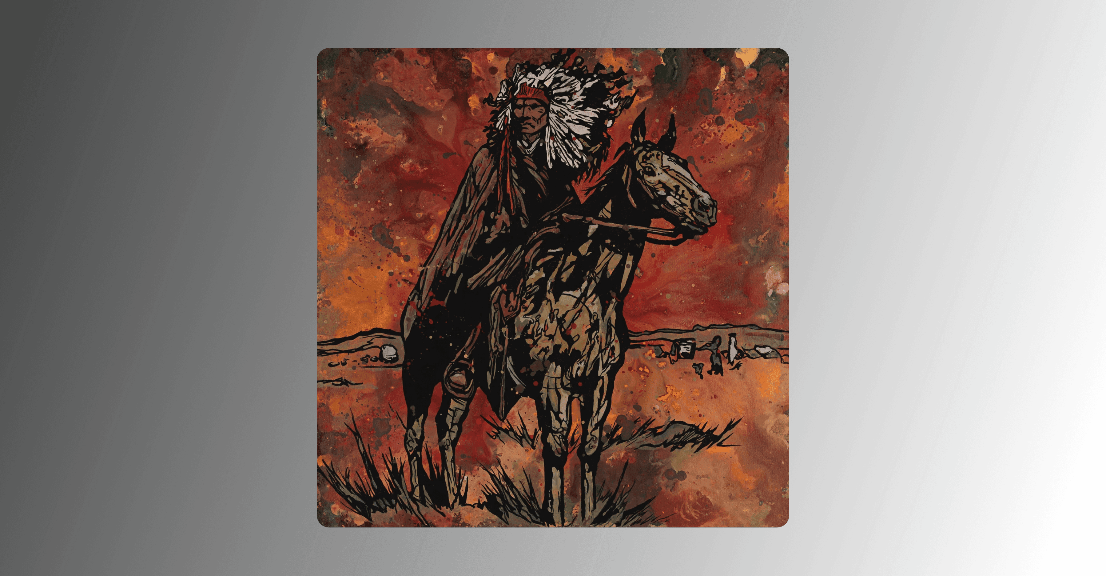 The painting, "Sioux Rider" where a sioux chief riding on a standing brown horse looks out over a red grassy field. The whole background is abstract red.