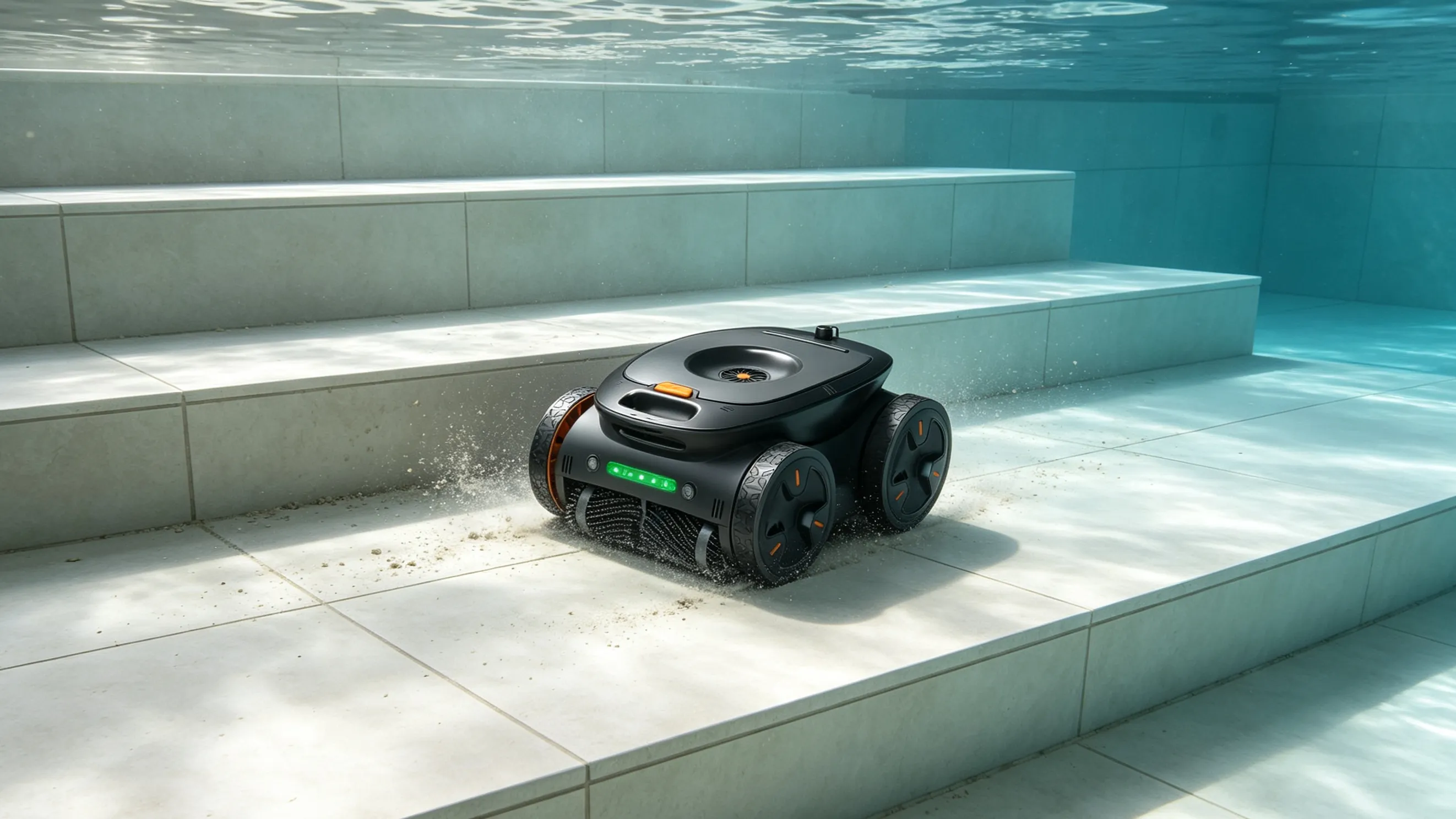 Robotic pool cleaner cleaning steps in a swimming pool