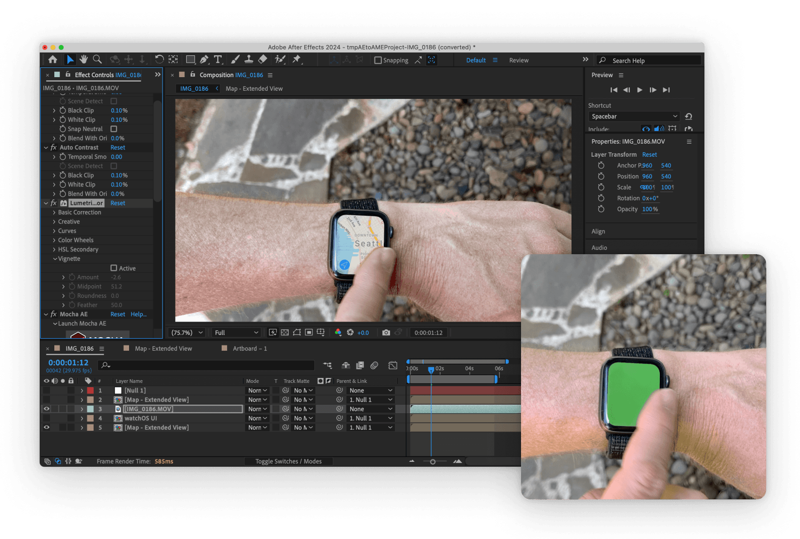 Screenshot of an After Effects window and a photo of a Apple Watch with a green screen