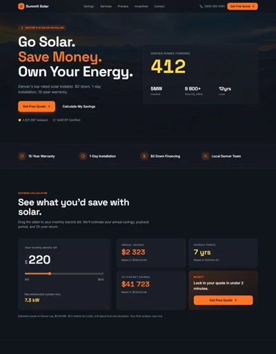Solar installer website template preview with savings calculator