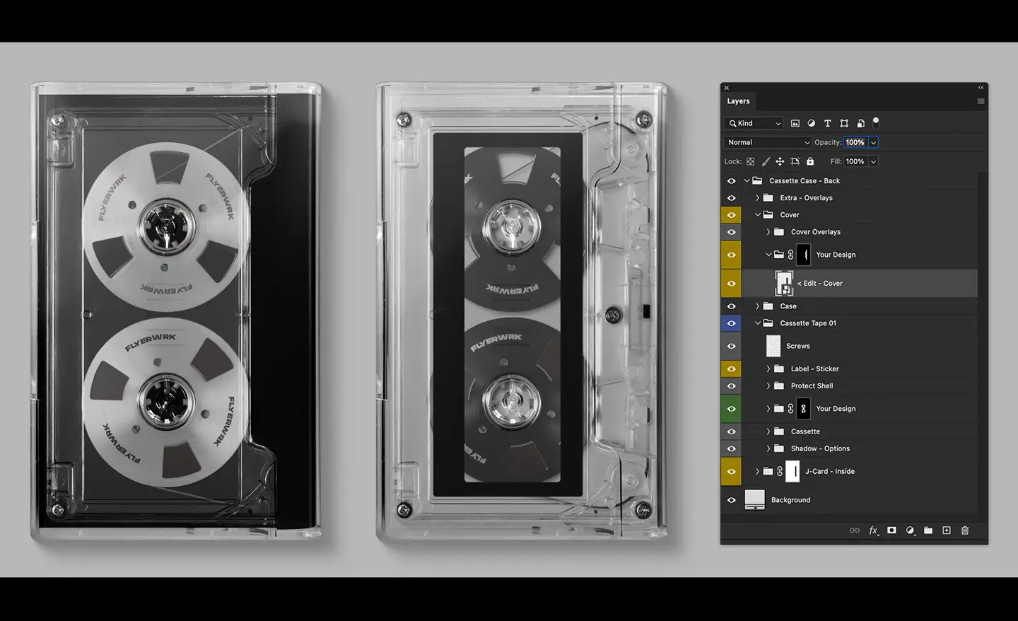 Cassette case mockup Photoshop layers panel with editable cassette tape design