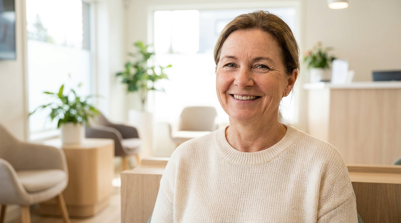 A patient smiles warmly in a bright modern dental office waiting area.