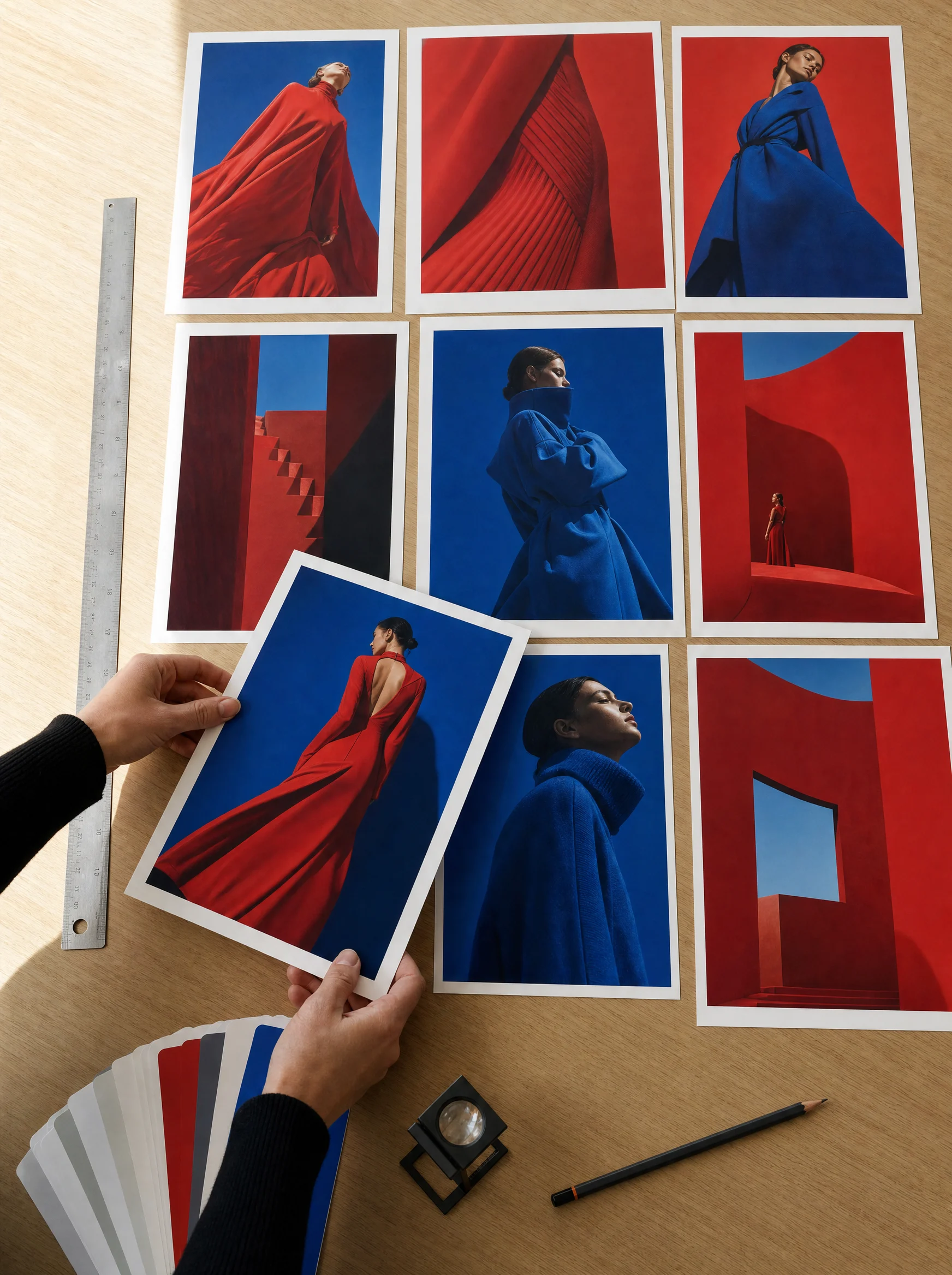 Hands arranging printed campaign proofs on an oak table