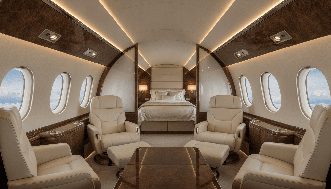 Ultra-long-range private jet interior with a bedroom — for nonstop Seoul–Sydney flights