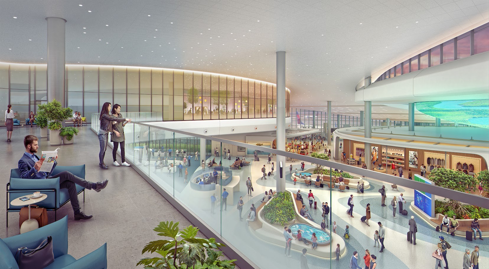 Rendering of Airside D mezzanine level showing seating area with comfortable chairs and large windows providing views of the terminal floor below, with retail shops, greenery, and the turquoise architectural feature visible