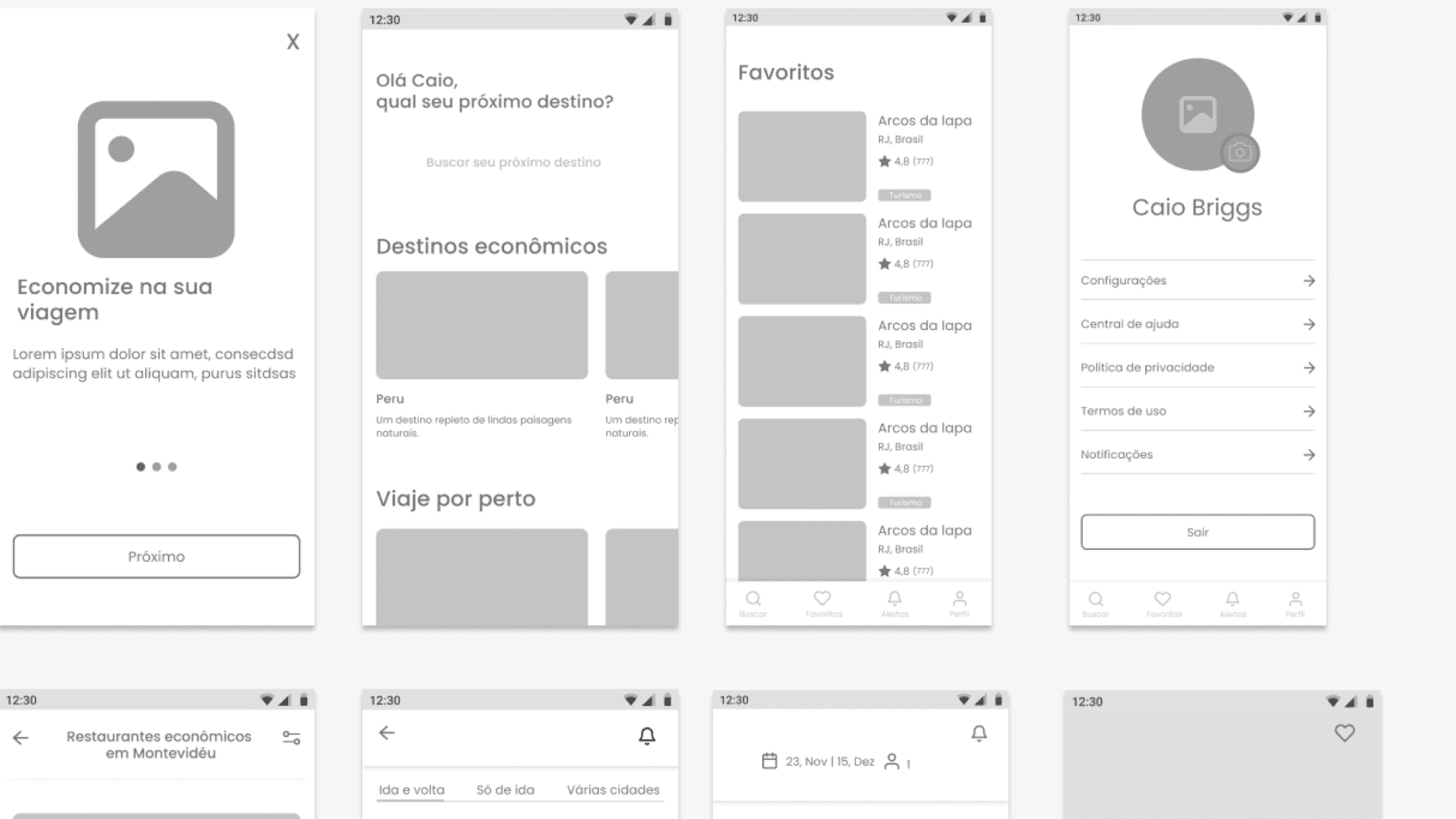 Telas de wireframe em alta fidelidade do aplicativo