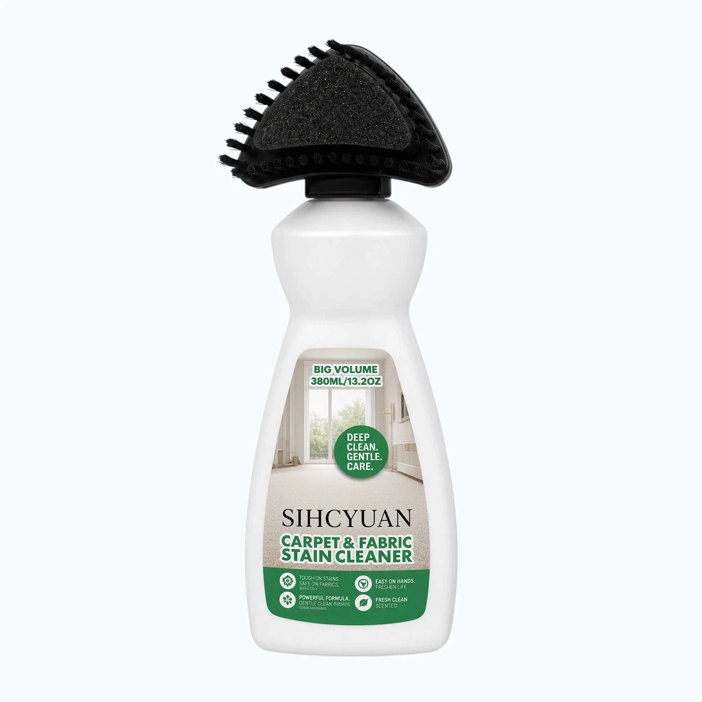 Private label carpet cleaning brush with integrated cleaning solution applicator