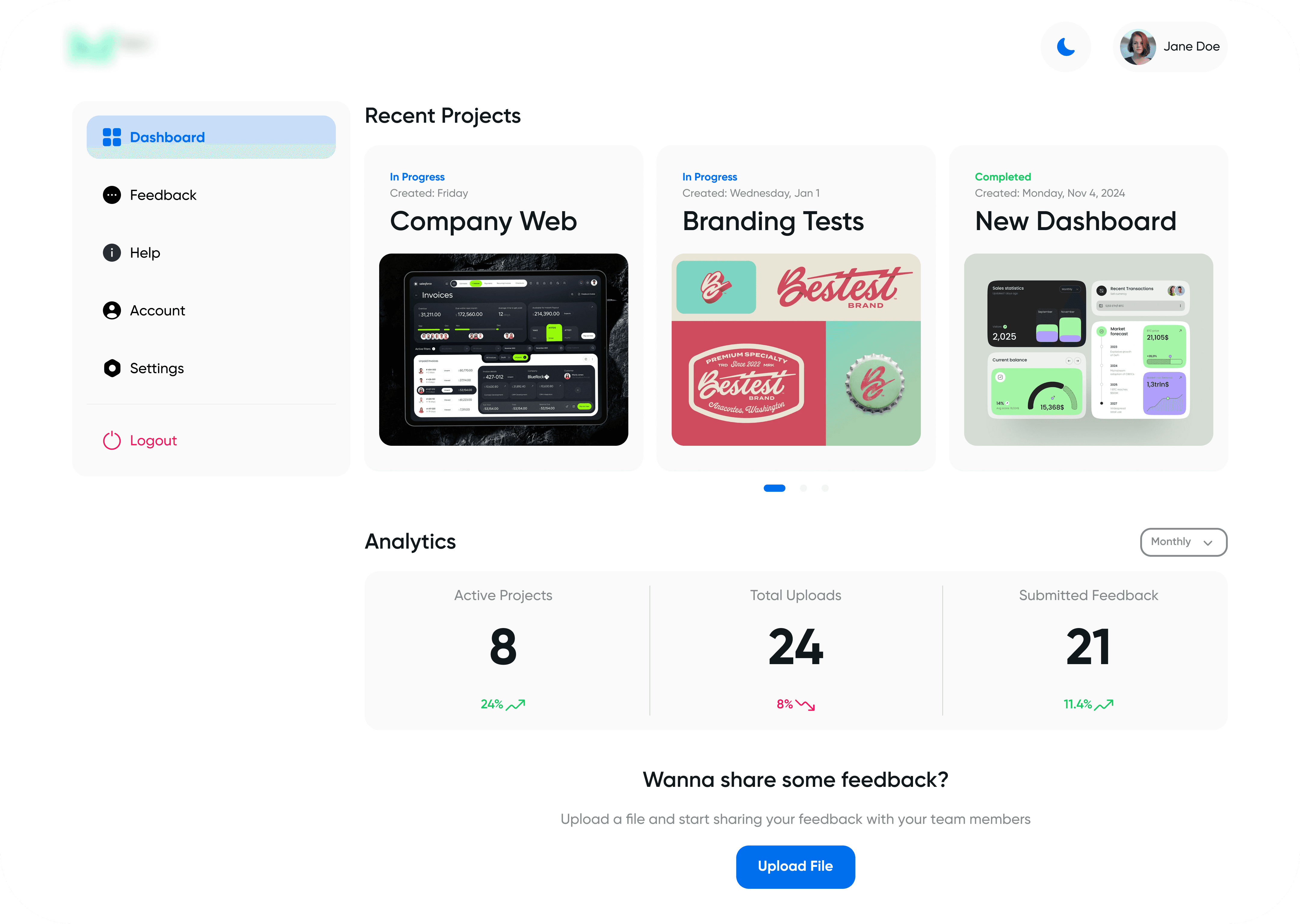 Client dashboard showing the main screen with recent projects and analytics.