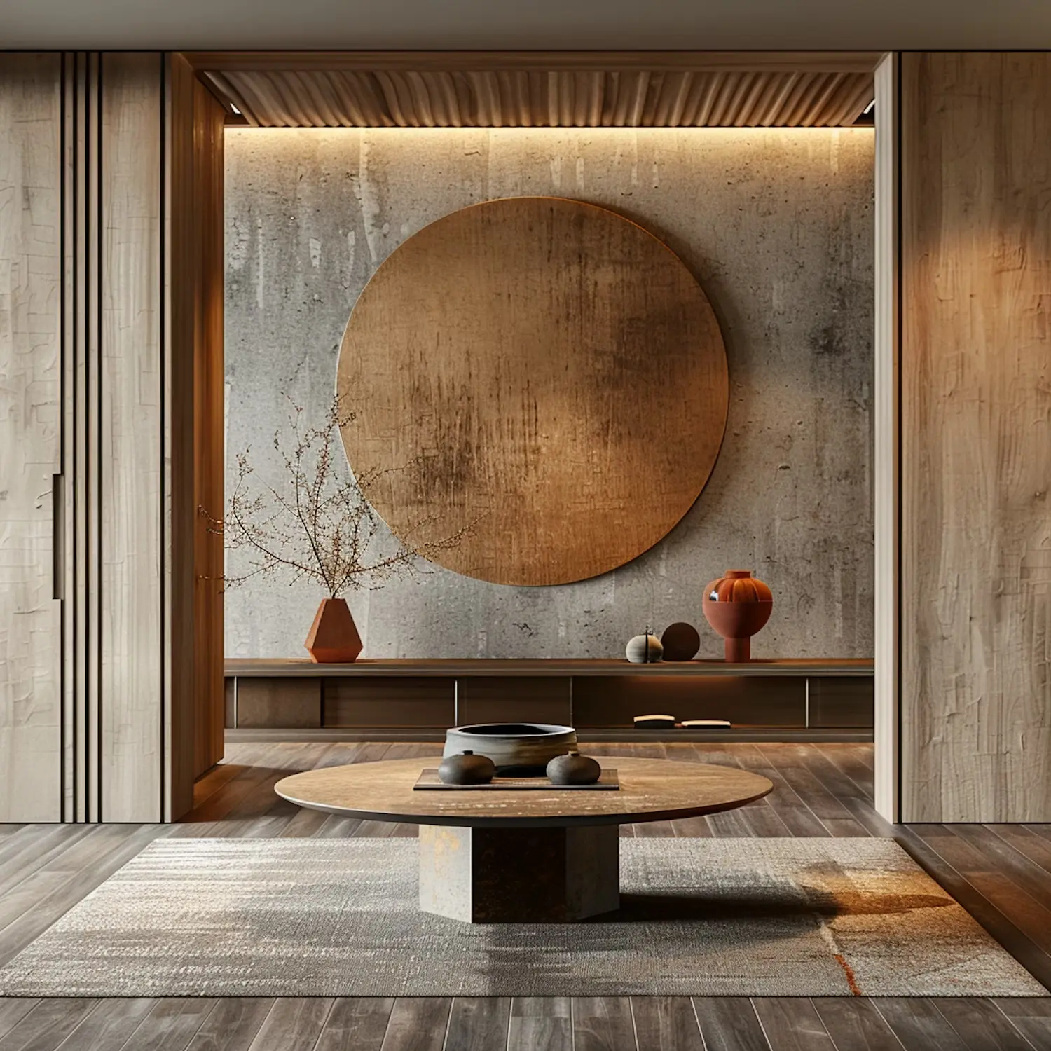 Minimalist living room with large circular wall art.