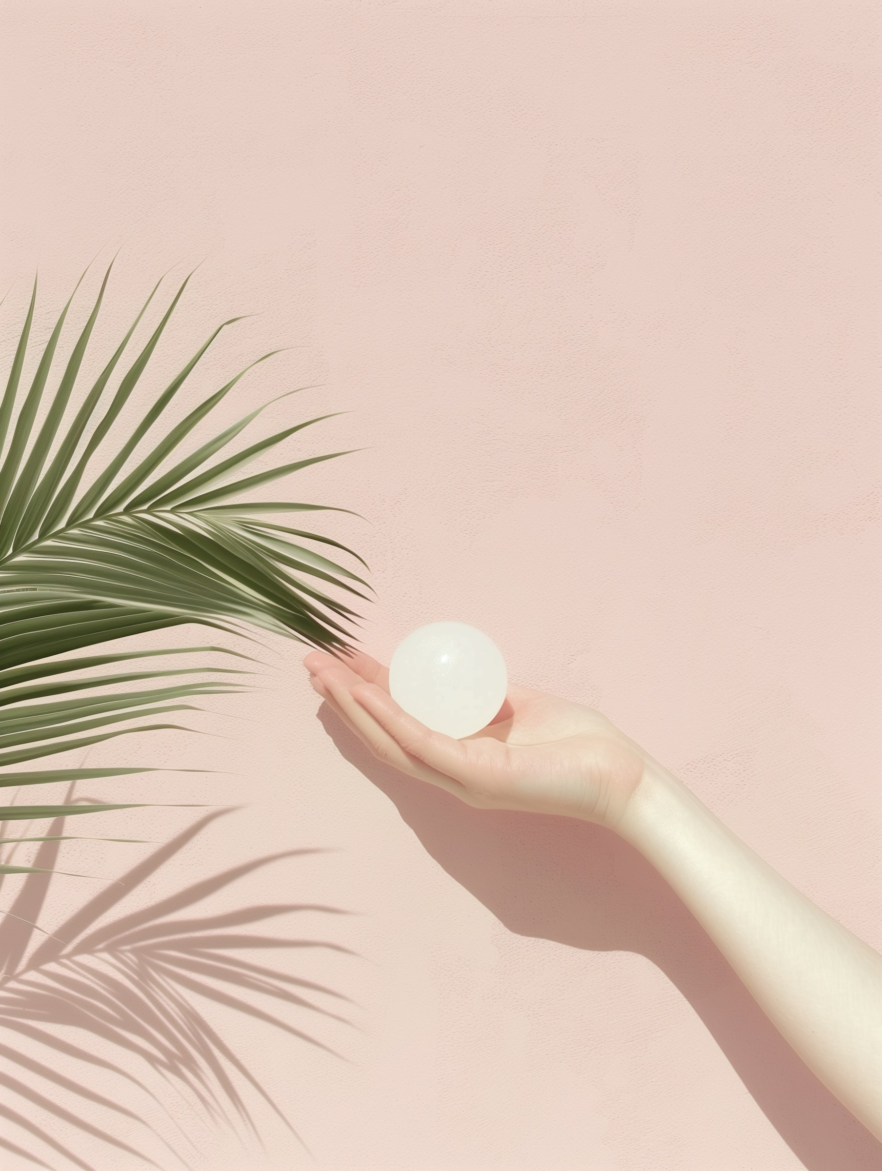 Main tenant une sphère blanche sur fond rose pastel, avec ombre de palmier. Illustration minimaliste et apaisante.