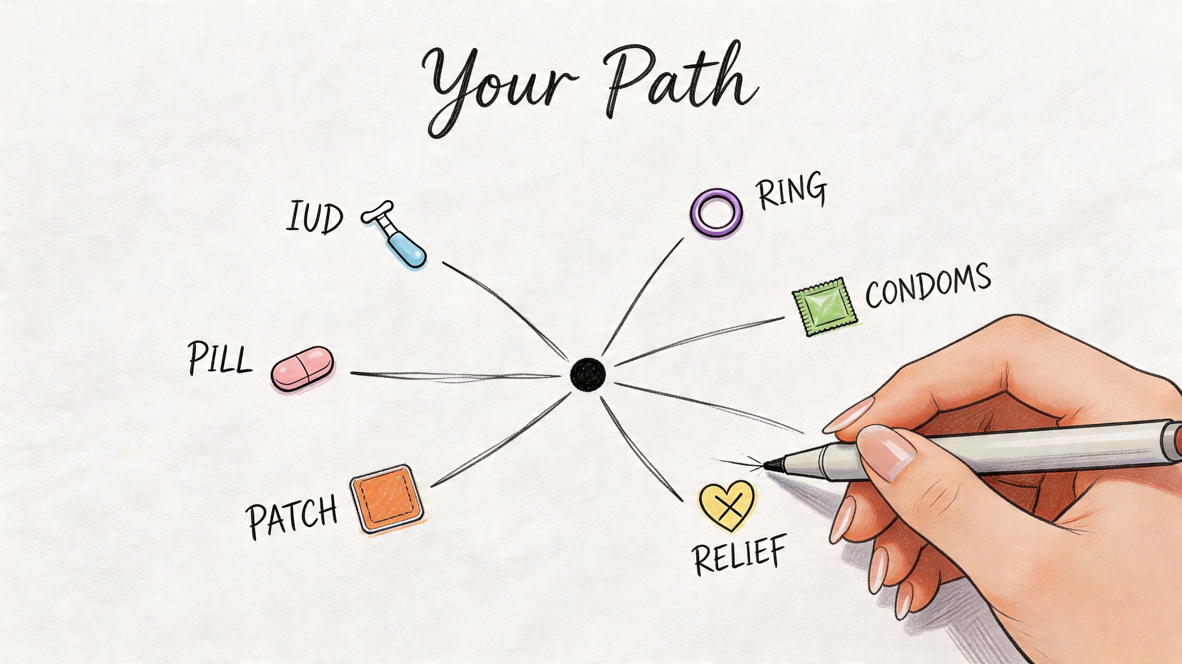 A hand holding a pen sketching contraception options like IUD, pill, patch, ring, condoms, and relief.