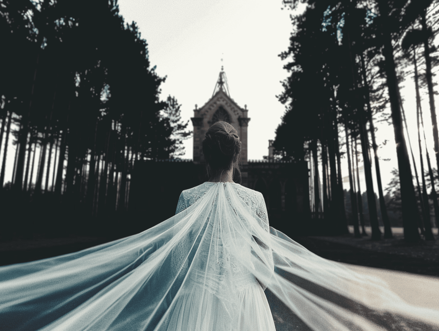 Bride in a flowing white dress stands on a tree-lined path, facing a grand gothic building. Elegant and serene scene.