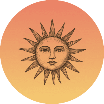 Illustration of a sun with a human face on a sunset-colored gradient circle.