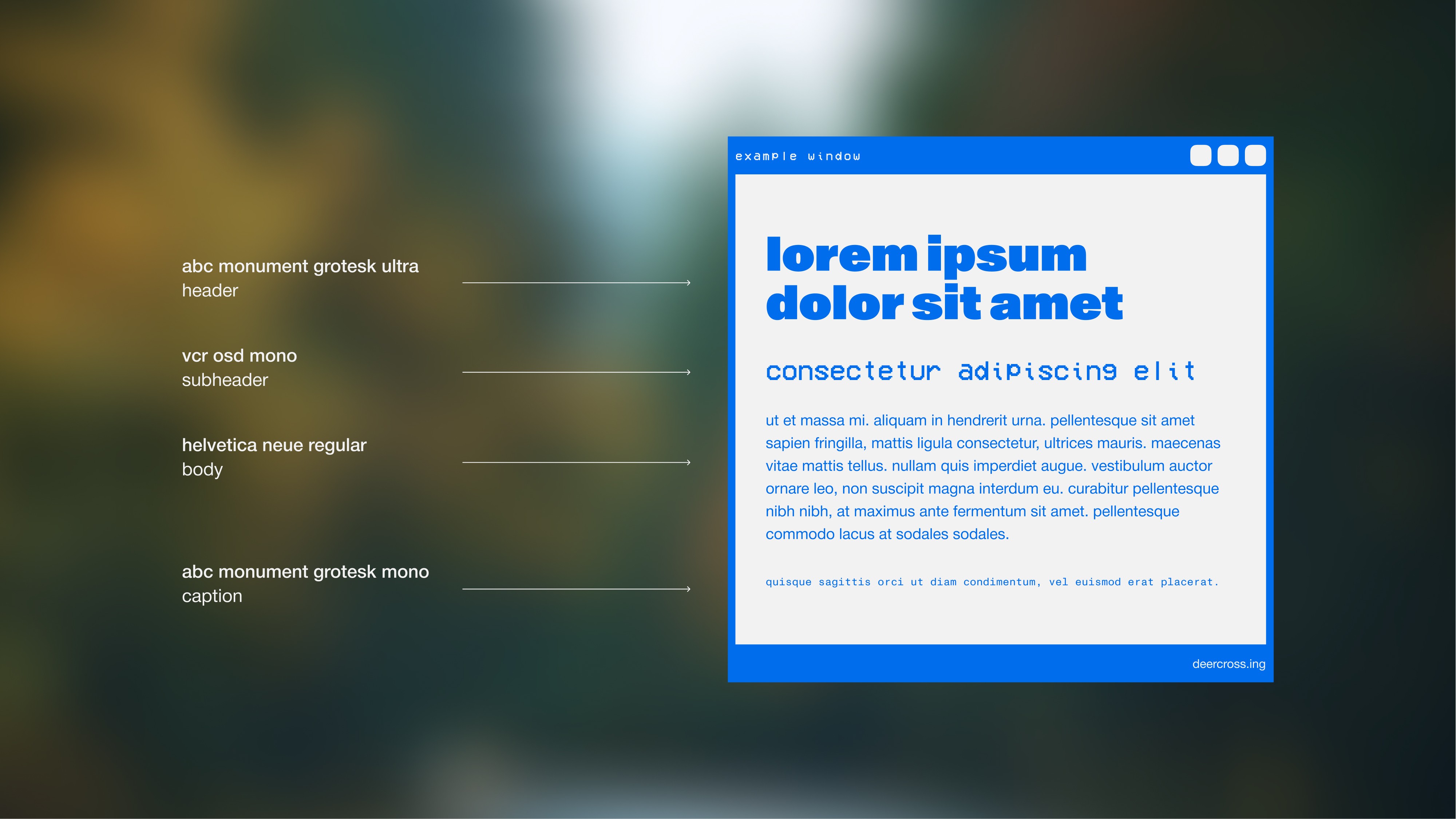 Type in use  Monument Grotesk as a contemporary attention grabber. VCR OSD Mono to emphasize the digital aspect, it’s a little decorative but the wonkiness of a mono font has a certain charm. Helvetica Neue as a safe and readable option for body copy. With Monument Grotesk Mono for the smallest type, to set itself apart from the body copy and tie back to the largest type in use.