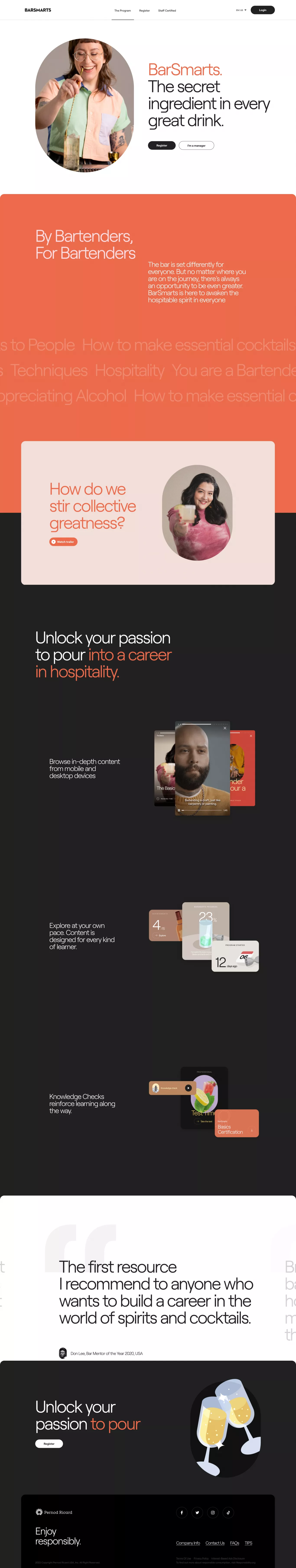 BarSmarts - The secret ingredient in eve landing page screenshot showcasing Tech and Food & Drinks design