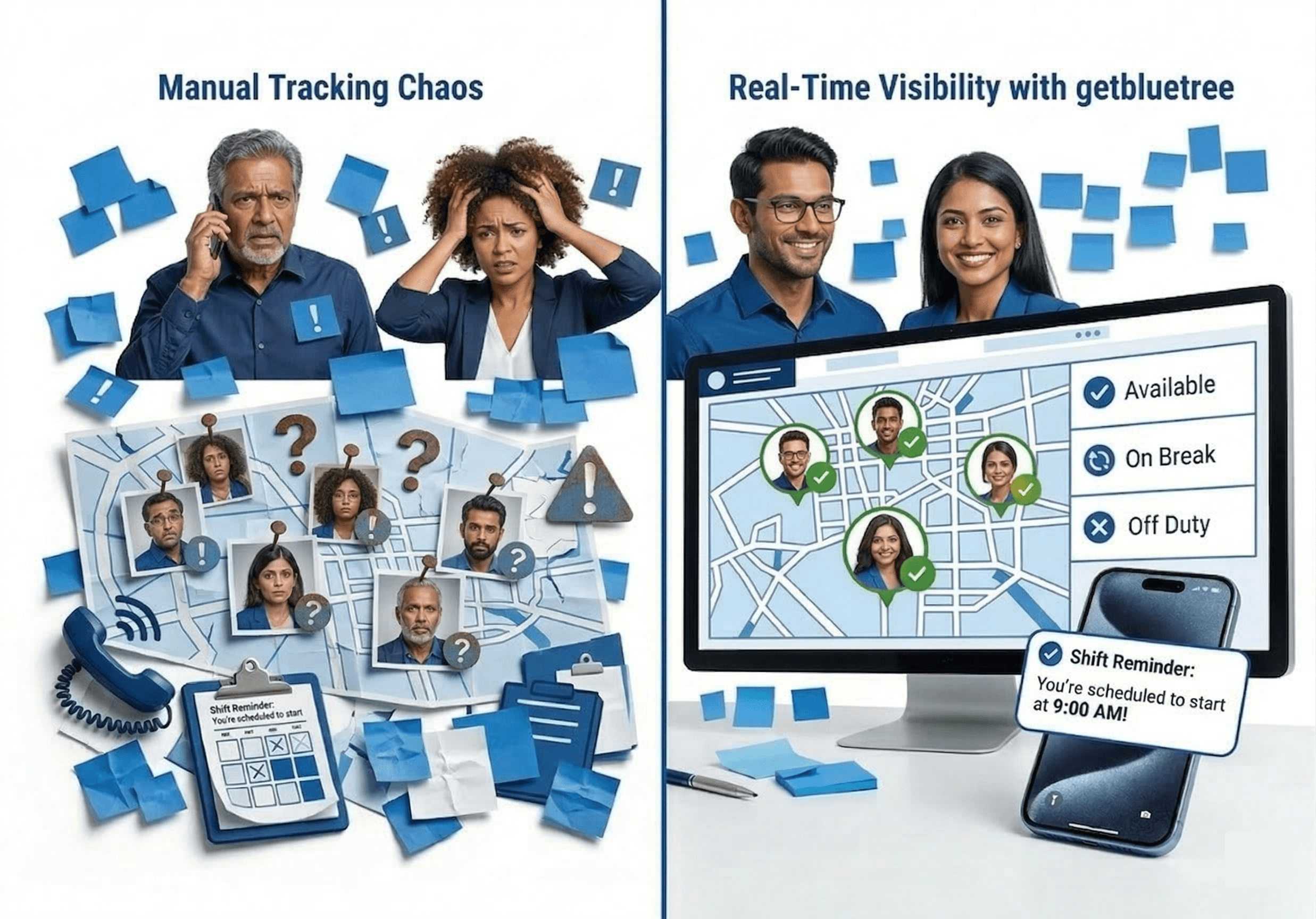 Query successful Gemini said A side-by-side comparison illustrating the transition from "Manual Tracking Chaos" with disorganized physical maps and stressed staff to "Real-Time Visibility with getbluetree" featuring a streamlined digital dashboard and mobile shift reminders.