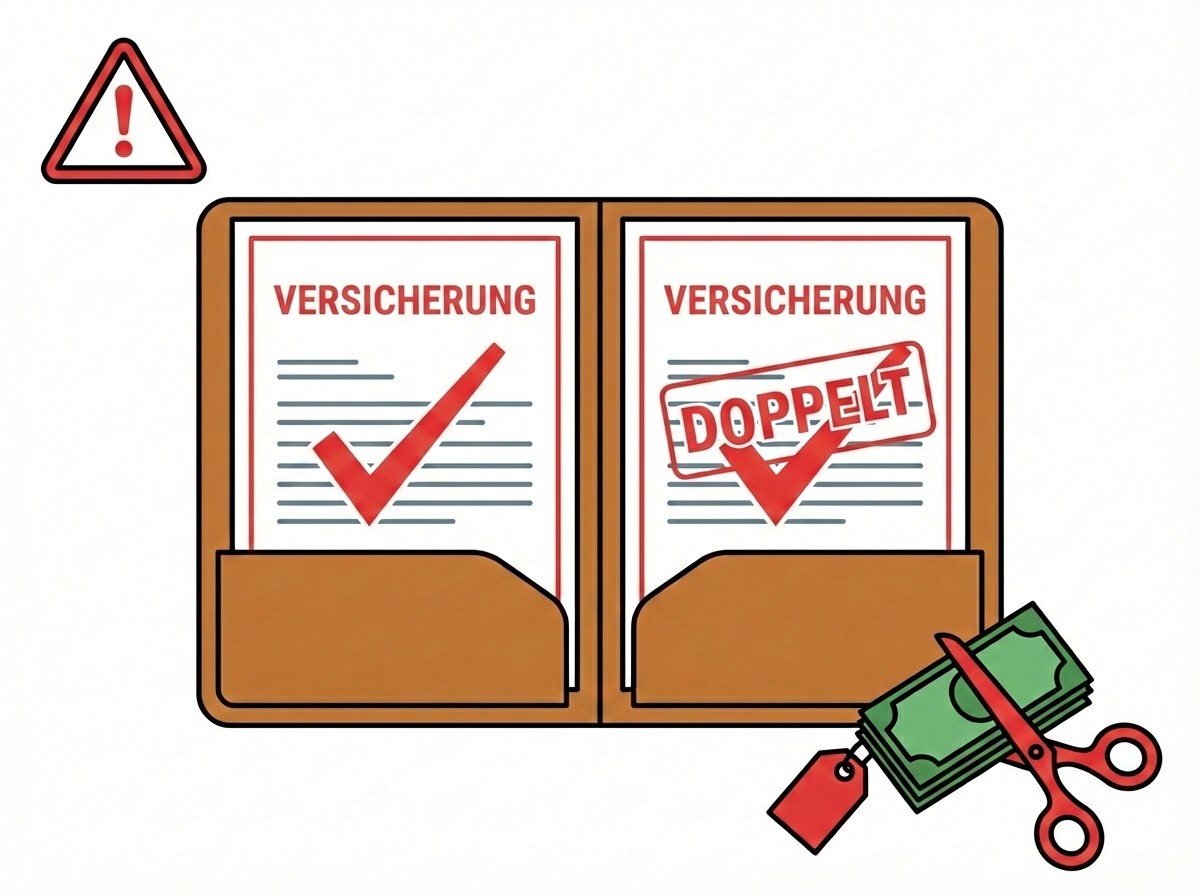 Grafik warnt vor Doppelversicherung: Mappe mit zwei Policen, eine mit "DOPPELT"-Stempel. Schere am Geldstapel zeigt Einsparpotenzial.