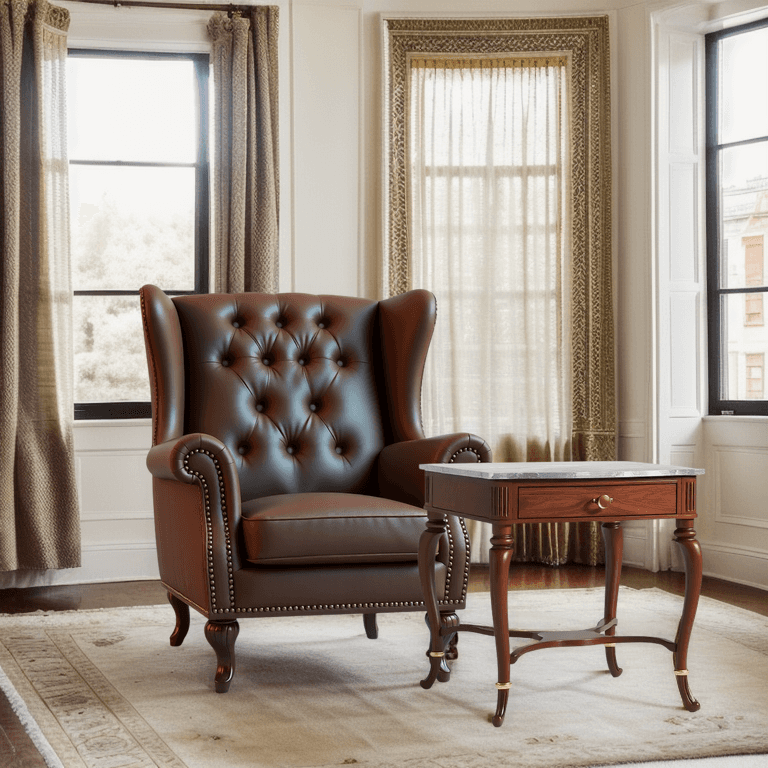 Leather sofa in a living room with big windows. Image generated by AI using Fuzer