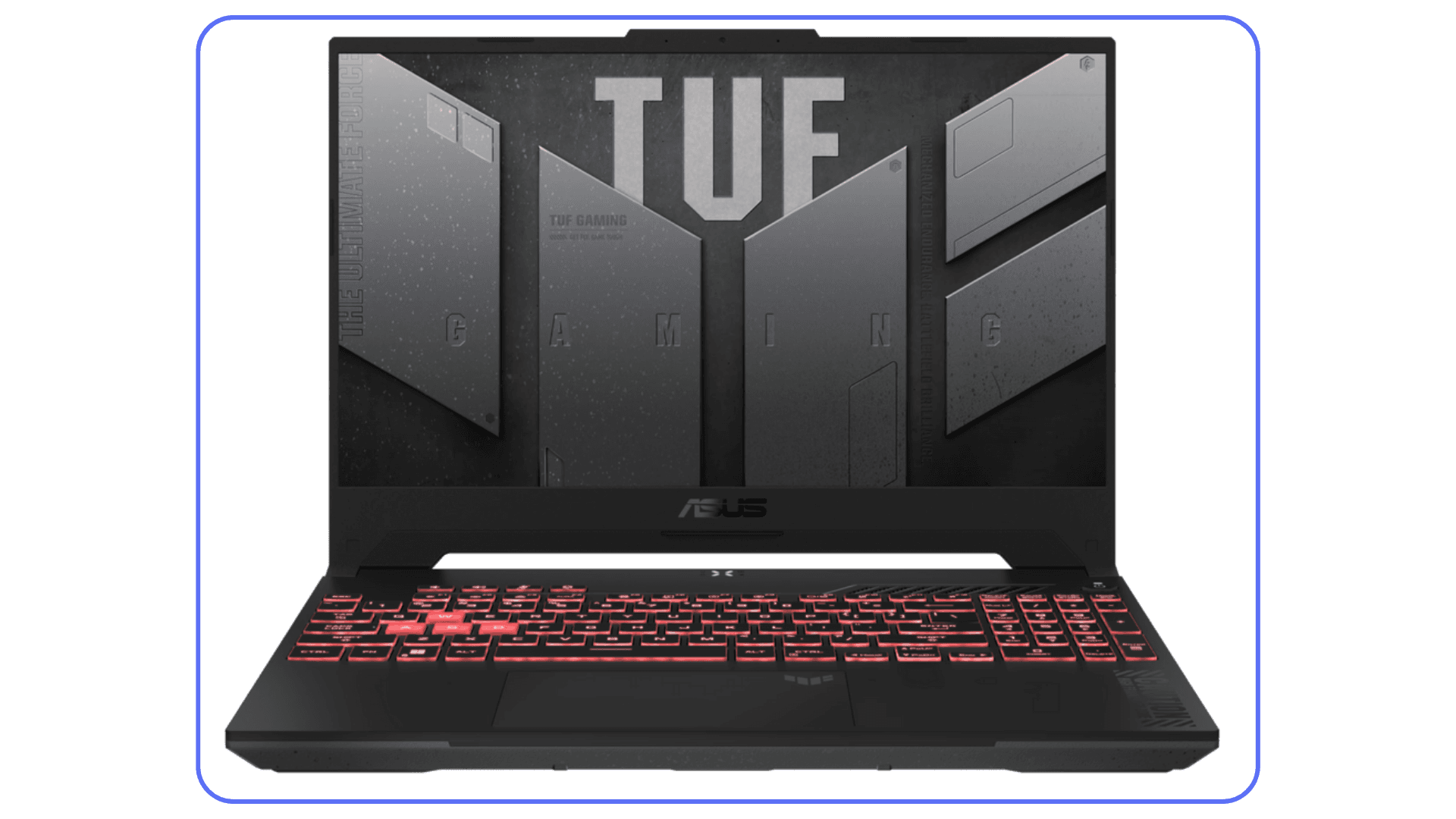 ASUS TUF Gaming laptop with red backlit keyboard – front-facing view of an ASUS TUF Gaming model displaying illuminated red keyboard and logo screen.